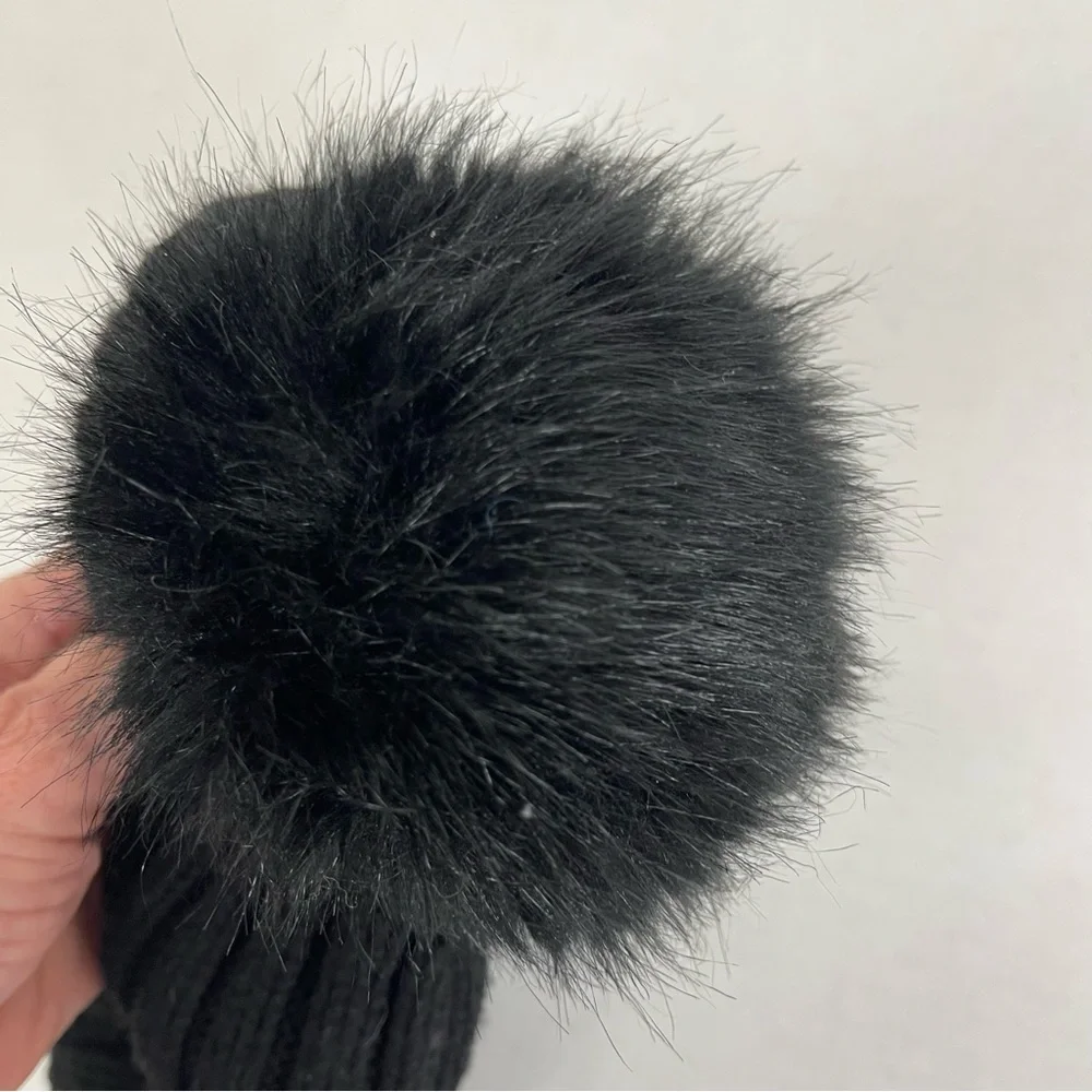 J.Crew Black Knit Beanie Hat Faux Fur Pom One Size OS Ribbed Winter Cold Weather